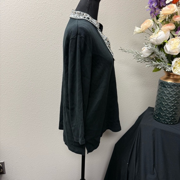 Rafaella Black Beaded Split Neck Tunic Top L Embellished 3/4 Sleeve Blouse - Picture 5 of 7